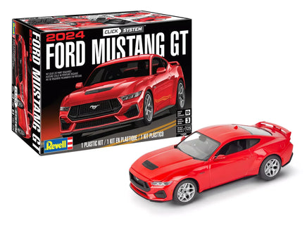 Model kit of a red Ford Mustang GT with packaging on a white background