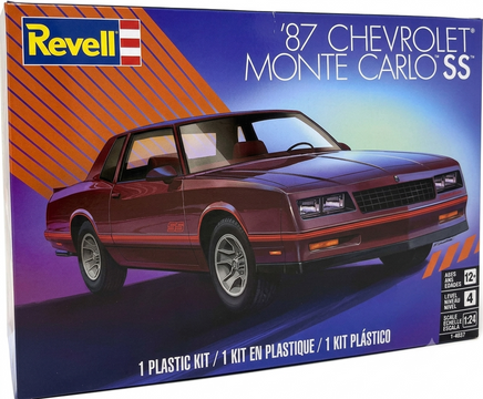 Revell '87 Chevrolet Monte Carlo SS plastic model kit box, showing a maroon car illustration on a blue and orange graphic background.