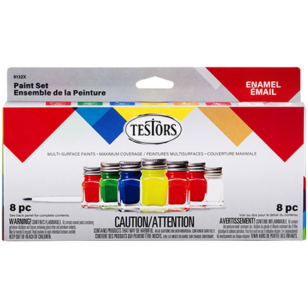 Testors enamel paint set packaging with red, blue, and yellow jars on a white background