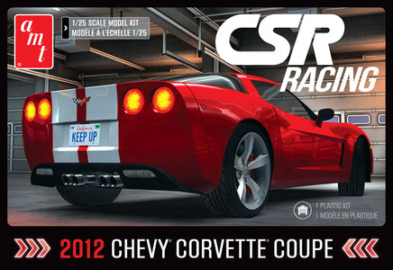 Model kit packaging for an AMT 2012 Chevy Corvette Coupe with 'CSR Racing' branding.