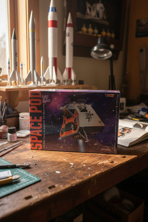 A boxed toy or game product titled 'SPACE POD' (Moebius #901) standing upright next to a black digital score counter on a light beige wall.