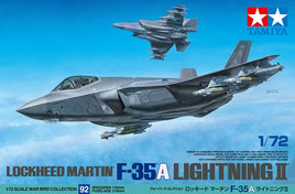 Model kit of Lockheed Martin F-35A Lightning II with Tamiya branding on a blue sky background.