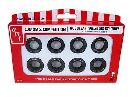 Box of Goodyear Polylas GT tires for 1/25 scale model cars with red and white packaging.