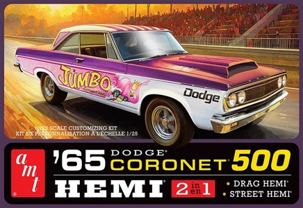 Model kit of an AMT '65 Dodge Coronet 500 Hemi #1499 with colorful design on a race track background.