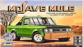 Revell Mojave Mule plastic model kit box showing a green and black 1974 Chevy LUV pickup truck with wood-grain front panel, desert background, and product details including age 12 and 1/25 scale.
