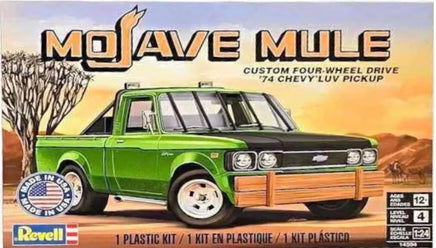 Revell Mojave Mule plastic model kit box showing a green and black 1974 Chevy LUV pickup truck with wood-grain front panel, desert background, and product details including age 12 and 1/25 scale.