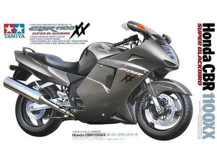 Model kit of a Honda CBR1100XX Super Blackbird motorcycle with Tamiya branding.