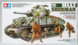 Tamiya 105 M4A3 Sherman military model kit box front cover, showing a painted Sherman tank with three soldiers in front on a white background with product text.