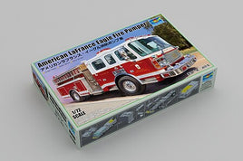 Model kit box for a Trumpeter fire truck in 1/72 scale with a gray background