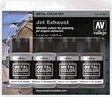 4 Metal Color bottles for painting jet engine exhausts. The colors included in the set can be used as a base for painting most of the exhausts of any jet engine.  Content: 4 x 32 ml./1.08 fl.oz. Metal Color  77.701 Aluminium 77.704 Pale Burnt Metal 77.711 Magnesium 77.713 Jet Exhaust